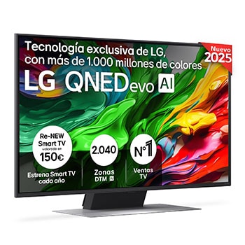 Vista lateral ligeramente inclinada hacia la derecha del televisor LG QNED evo