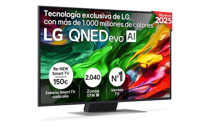 Vista lateral ligeramente inclinada hacia la derecha del televisor LG QNED evo