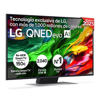 Vista lateral ligeramente inclinada hacia la derecha del televisor LG QNED evo