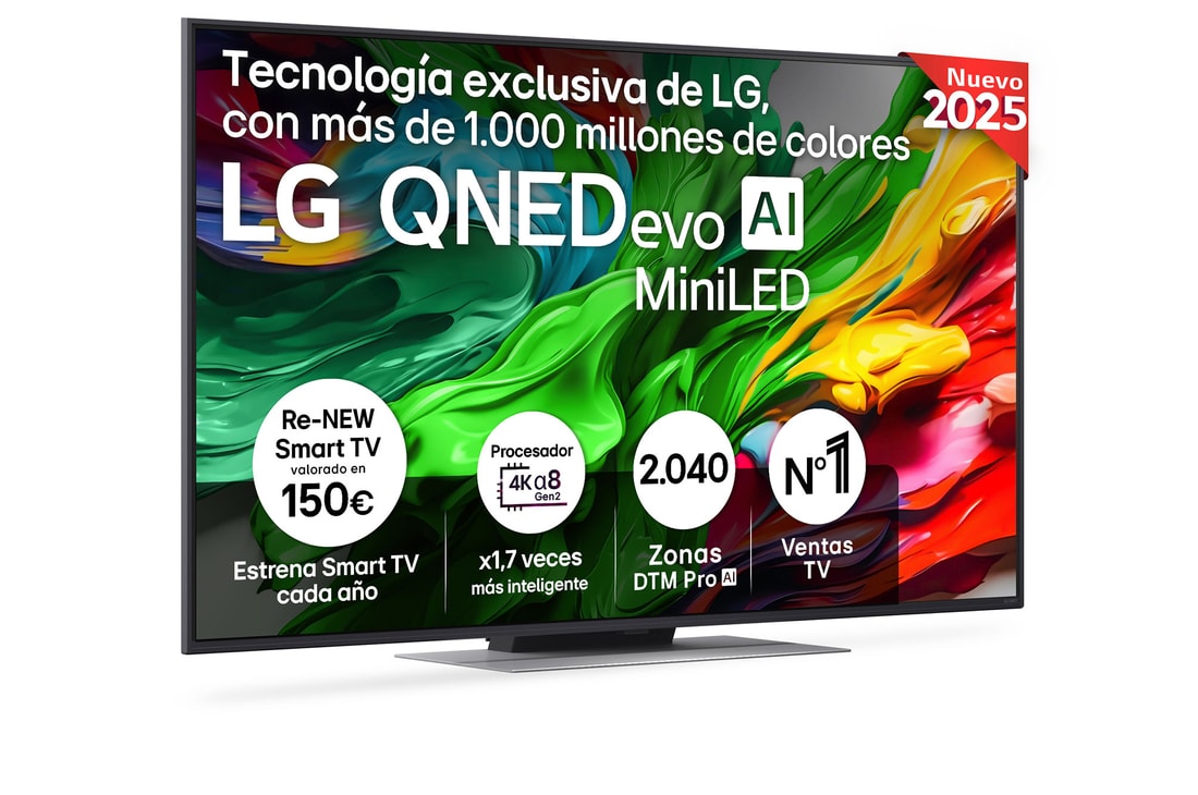 Vista lateral ligeramente inclinada hacia la derecha del televisor LG QNED evo