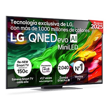 Vista lateral ligeramente inclinada hacia la derecha del televisor LG QNED evo