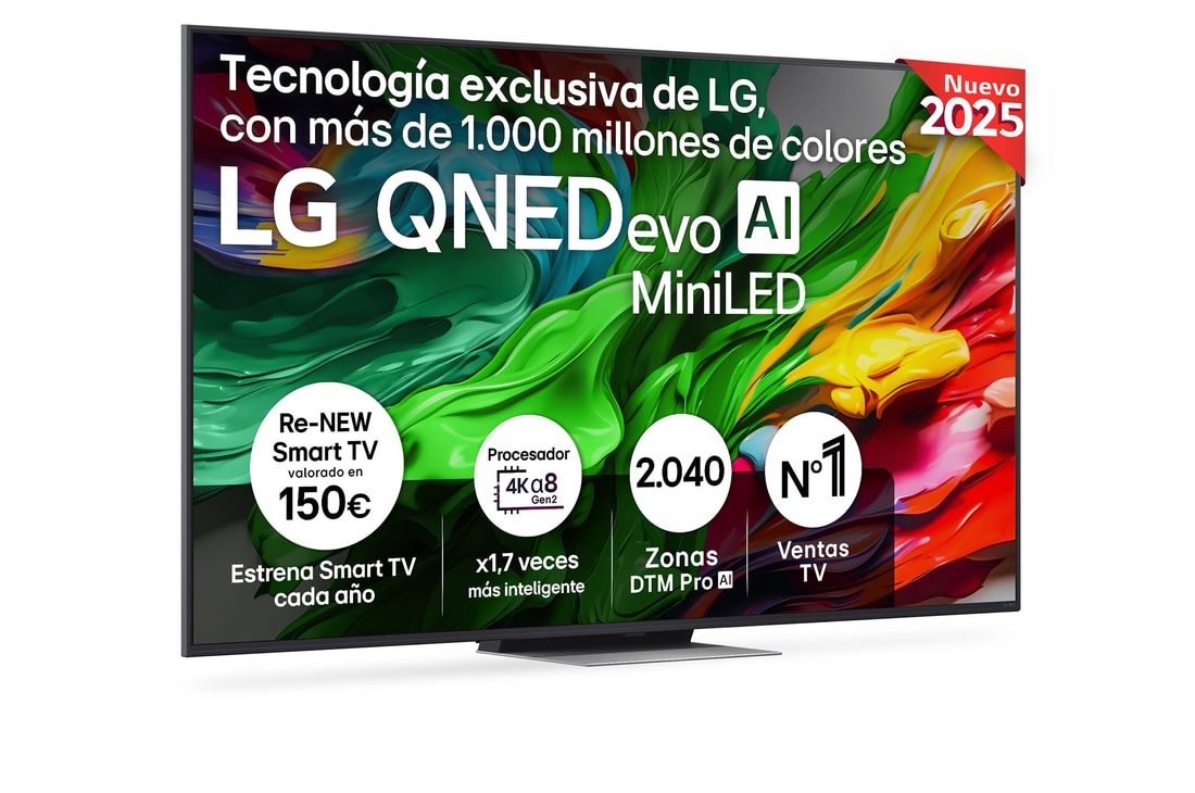 Vista lateral ligeramente inclinada hacia la derecha del televisor LG QNED evo