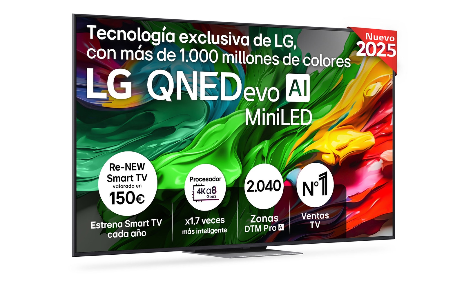 Vista lateral ligeramente inclinada hacia la derecha del televisor LG QNED evo