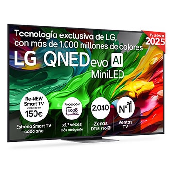 Vista lateral ligeramente inclinada hacia la derecha del televisor LG QNED evo