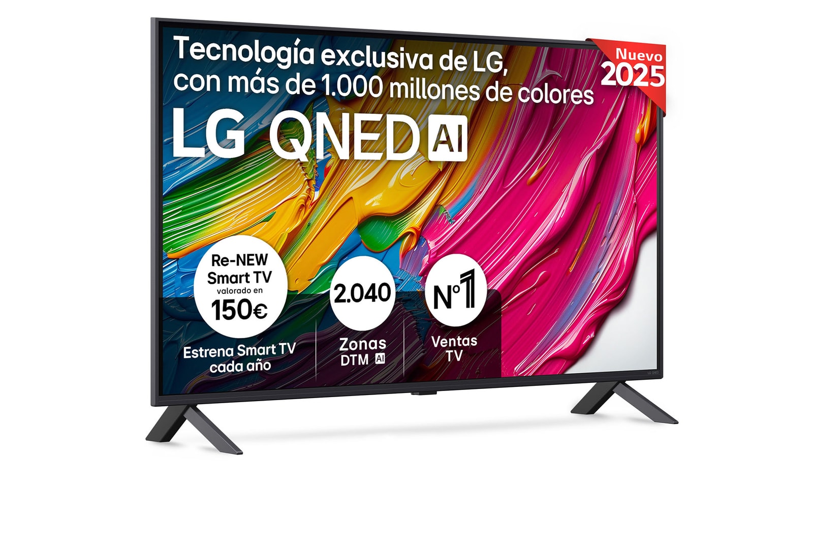 Front view of LG QNED80 TV, LG QNED Al Logo on the top corner. LG QNED TV depicts colorful paintike textures coming together.