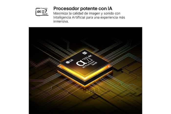 The alpha 7 AI Processor Gen8 lights up yellow and colorful bolts of light shoot out from it. The title talks about how the processor delivers 4K quality, stunning color and brightness.