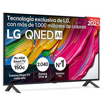 Front view of LG QNED80 TV, LG QNED Al Logo on the top corner. LG QNED TV depicts colorful paintike textures coming together.