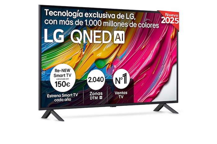 Front view of LG QNED80 TV, LG QNED Al Logo on the top corner. LG QNED TV depicts colorful paintike textures coming together.