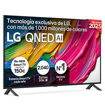 Front view of LG QNED80 TV, LG QNED Al Logo on the top corner. LG QNED TV depicts colorful paintike textures coming together.