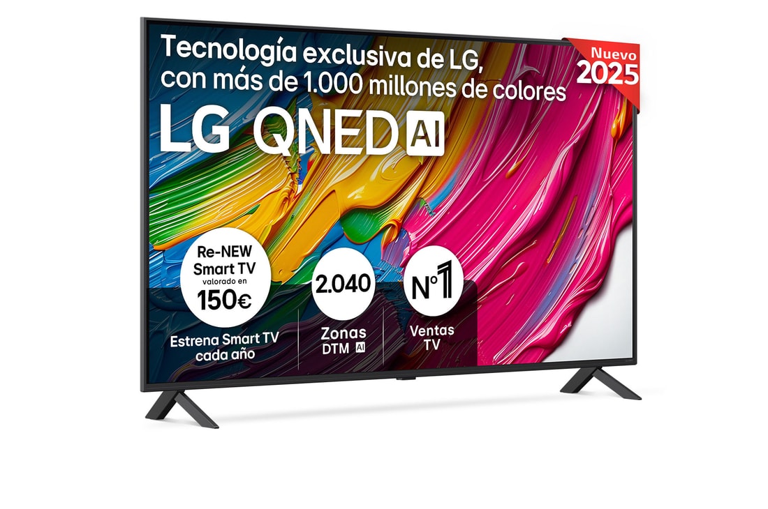 Front view of LG QNED80 TV, LG QNED Al Logo on the top corner. LG QNED TV depicts colorful paintike textures coming together.