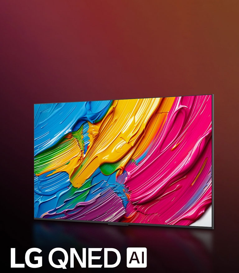 LG QNED TV sobre un colorido fondo oscuro. En la pantalla hay una ilustración brillante y colorida que muestra la tecnología de color QNED y su capacidad para mostrar un amplio espectro de tonos con gran contraste. El logotipo QNED AI de LG es visible. El título dice: Every Color Redefined with Dynamic QNED Color.