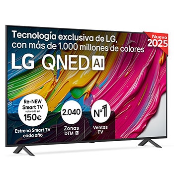 Front view of LG QNED80 TV, LG QNED Al Logo on the top corner. LG QNED TV depicts colorful paintike textures coming together.