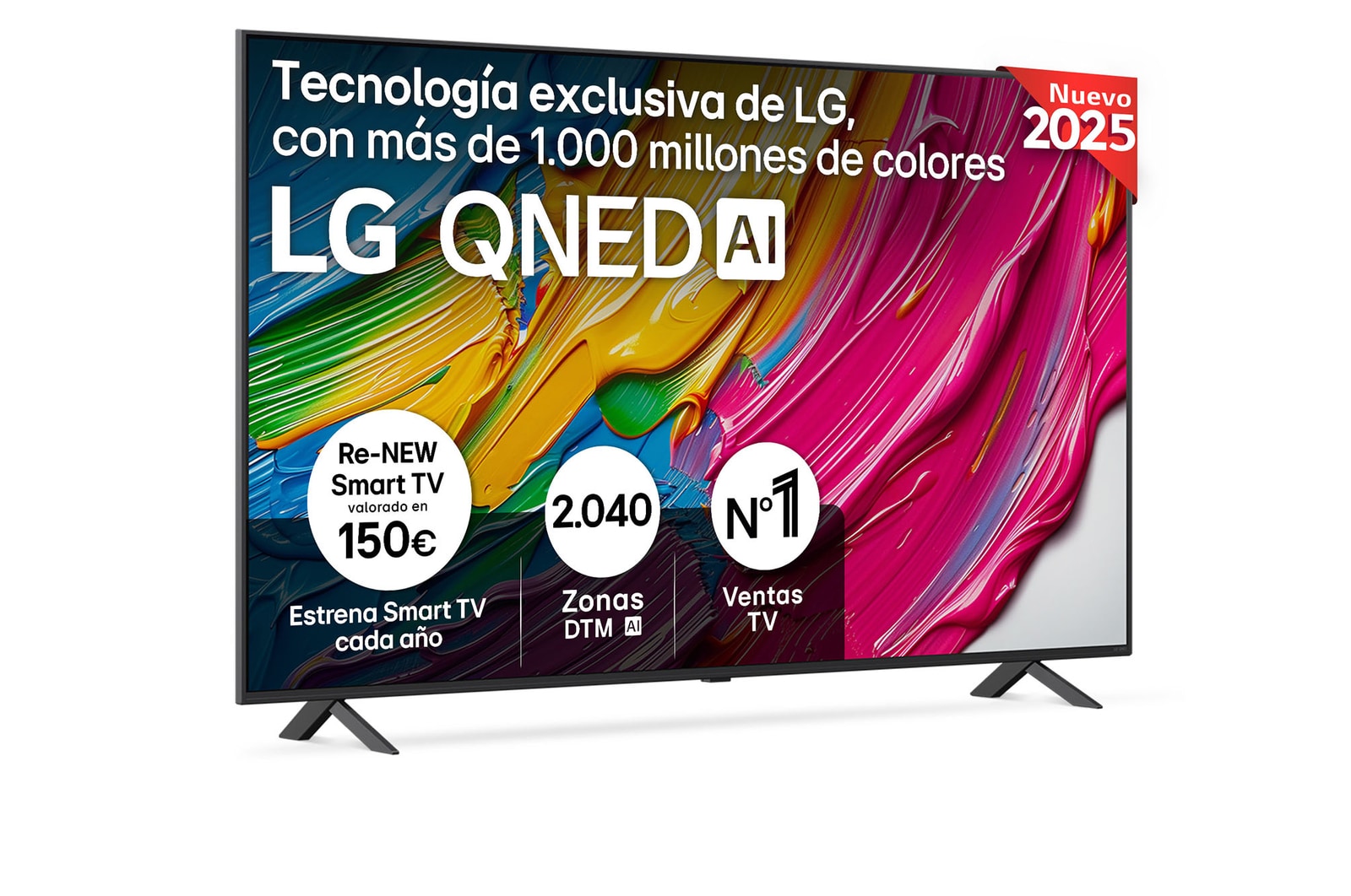Front view of LG QNED80 TV, LG QNED Al Logo on the top corner. LG QNED TV depicts colorful paintike textures coming together.