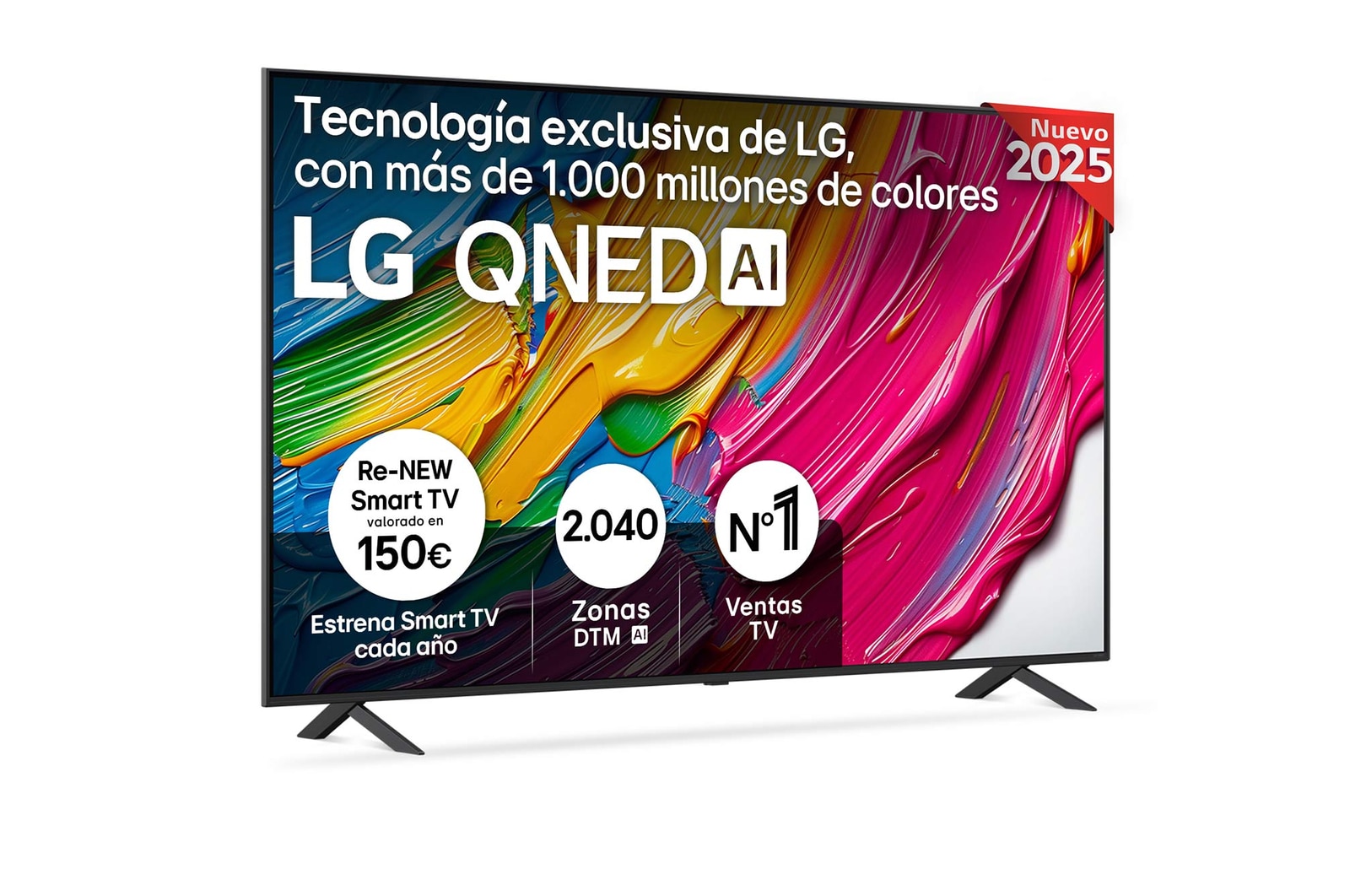 Front view of LG QNED80 TV, LG QNED Al Logo on the top corner. LG QNED TV depicts colorful paintike textures coming together.