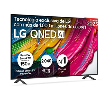 Front view of LG QNED80 TV, LG QNED Al Logo on the top corner. LG QNED TV depicts colorful paintike textures coming together.
