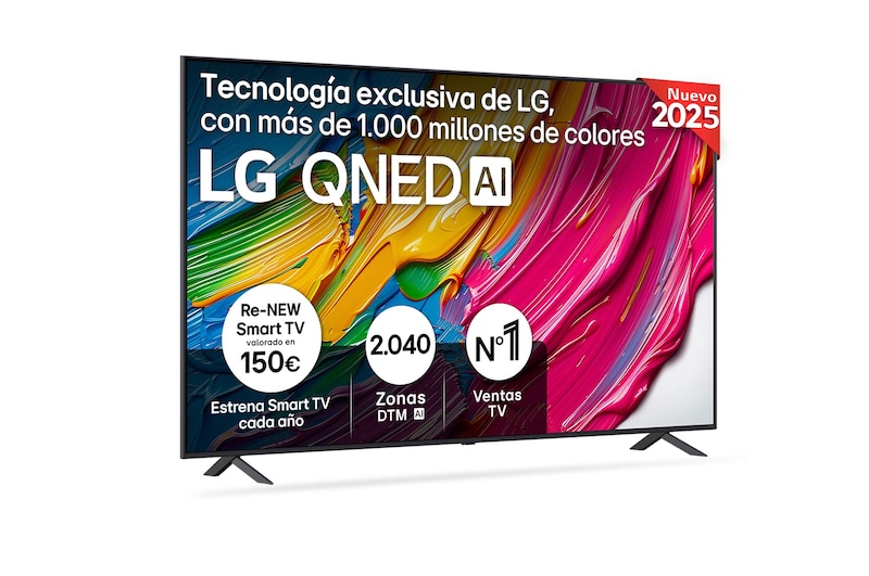 Front view of LG QNED80 TV, LG QNED Al Logo on the top corner. LG QNED TV depicts colorful paintike textures coming together.