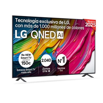 Front view of LG QNED80 TV, LG QNED Al Logo on the top corner. LG QNED TV depicts colorful paintike textures coming together.