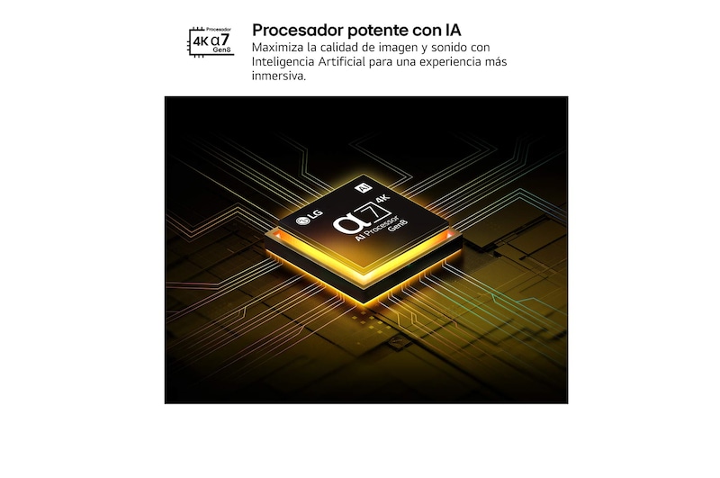 The alpha 7 AI Processor Gen8 lights up yellow and colorful bolts of light shoot out from it. The title talks about how the processor delivers 4K quality, stunning color and brightness.