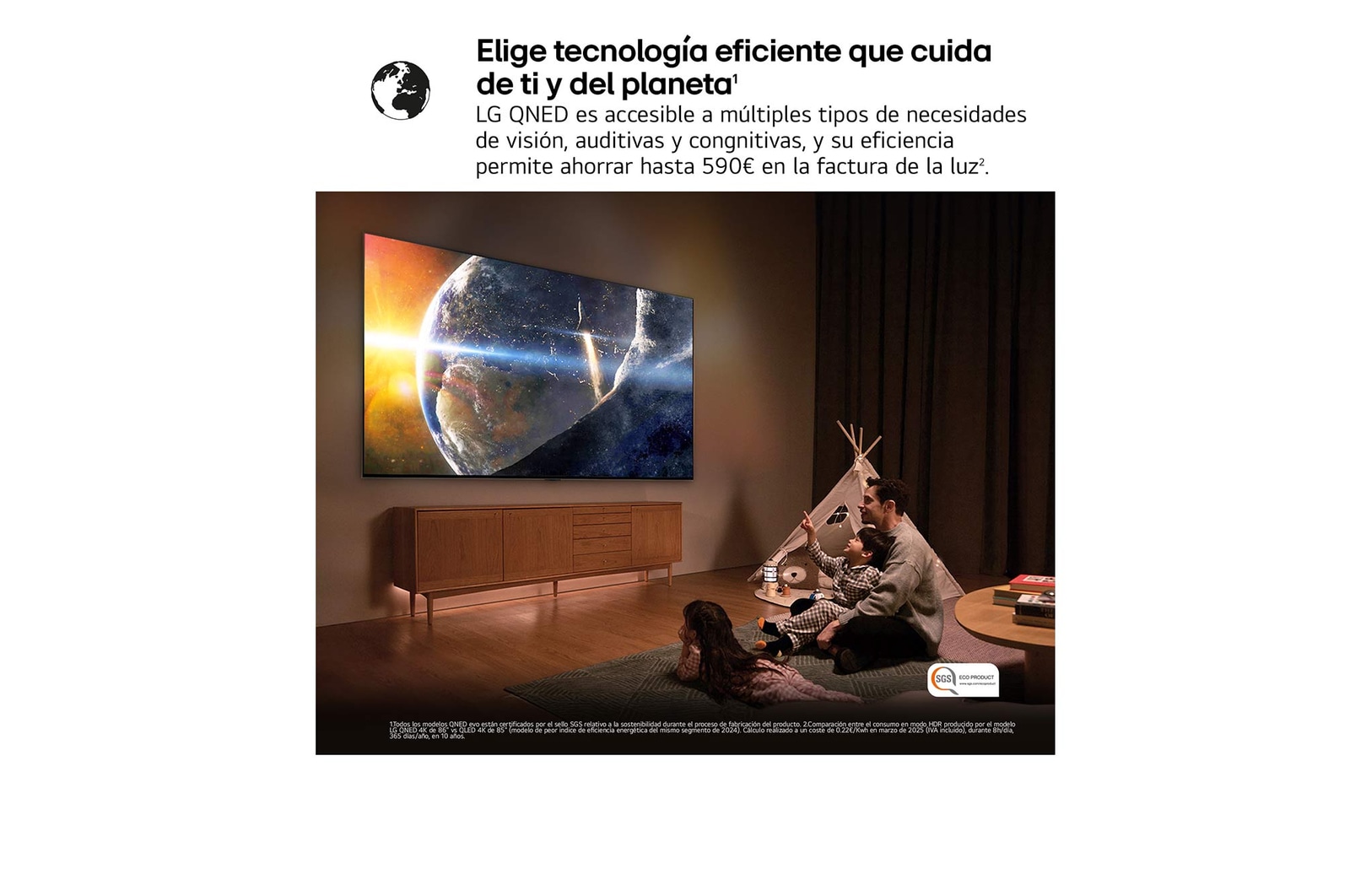 A family sits on a couch facing a LG QNED TV mounted on a wall above a LG Soundbar with a little girl pointing to a screen depicting two dolphins. The title talks about how every action is more thrilling on a massive screen.
