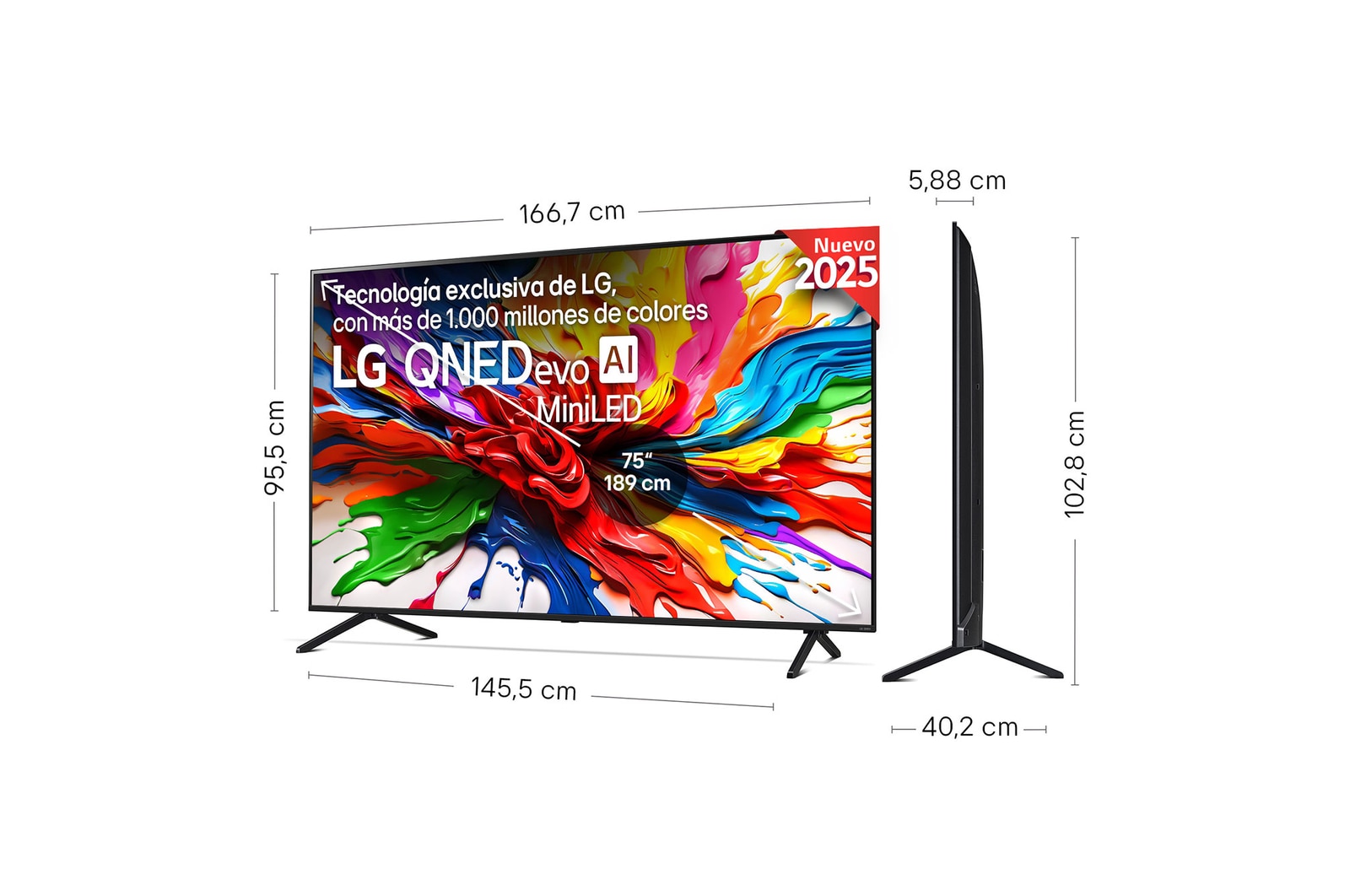Slightly-angled right-facing side view of LG QNED evo TV.