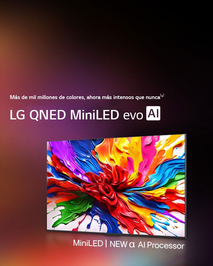 El televisor LG QNED está ligeramente inclinado hacia la izquierda y muestra texturas coloridas similares a la pintura que se unen en rojo, amarillo, verde, azul y púrpura. Detrás del televisor se encuentra el procesador alpha 8 AI Gen2, que emite luz naranja y rosa. El logotipo de LG QNED evo AI se encuentra en la esquina inferior izquierda. El fondo es un degradado colorido de naranja y púrpura. También es visible el texto "powered by alpha 8 AI Processor Gen2".