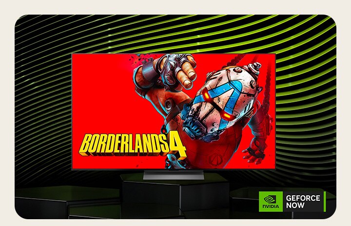 LG TV con un póster de un juego popular en la pantalla. Se ve el logotipo de NVIDIA GeForce NOW.