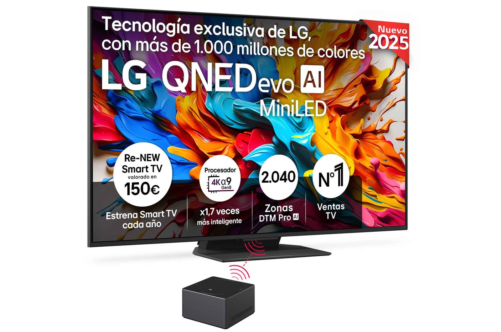 Vista frontal de un televisor LG QNED evo AI QNED9M. Logotipo de LG QNED evo AI en la esquina superior. El televisor LG QNED evo ofrece texturas coloridas similares a la pintura que se unen. Zero Connect Box en la esquina con el título “Zero Connect Box with 4K 144Hz wireless video & audio transfer”.