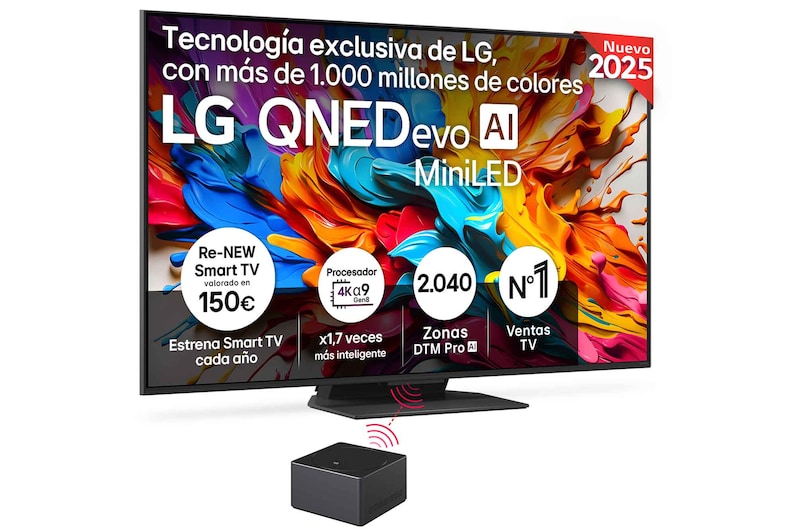 Vista frontal de un televisor LG QNED evo AI QNED9M. Logotipo de LG QNED evo AI en la esquina superior. El televisor LG QNED evo ofrece texturas coloridas similares a la pintura que se unen. Zero Connect Box en la esquina con el título “Zero Connect Box with 4K 144Hz wireless video & audio transfer”.