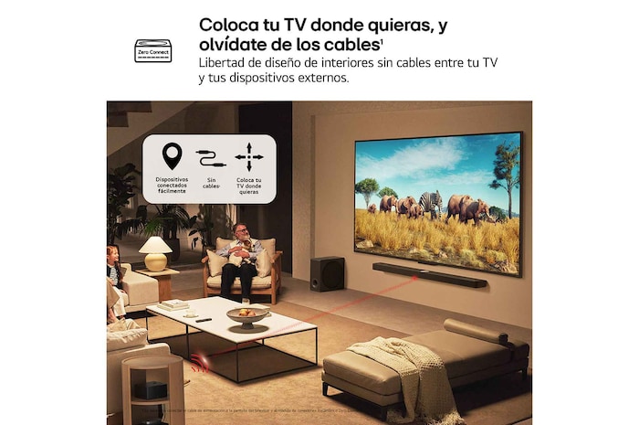 Hay tres iconos que representan las 3 ventajas de un televisor LG True Wireless. Sin problemas de ubicación, sin desorden, sin complicaciones. El texto habla de romper los límites de los televisores cableados y disfrutar de una configuración sin esfuerzo en un espacio abierto y despejado.