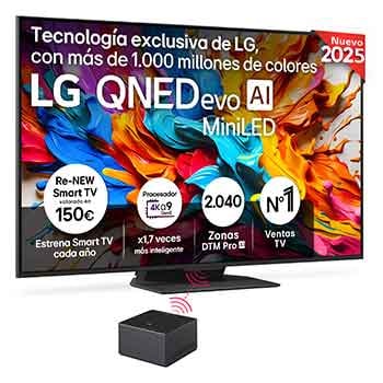 Vista frontal de un televisor LG QNED evo AI QNED9M. Logotipo de LG QNED evo AI en la esquina superior. El televisor LG QNED evo ofrece texturas coloridas similares a la pintura que se unen. Zero Connect Box en la esquina con el título “Zero Connect Box with 4K 144Hz wireless video & audio transfer”.