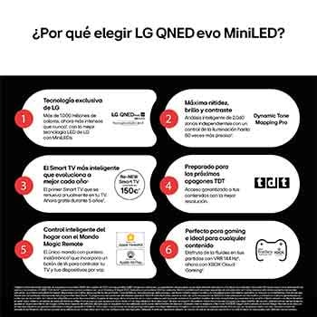 Vista frontal y lateral del televisor LG QNED evo AI QNED9M 4K Smart TV en las que se muestran sus dimensiones (largo, ancho, alto y profundo).
