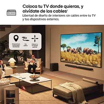 Hay tres iconos que representan las 3 ventajas de un televisor LG True Wireless. Sin problemas de ubicación, sin desorden, sin complicaciones. El texto habla de romper los límites de los televisores cableados y disfrutar de una configuración sin esfuerzo en un espacio abierto y despejado.