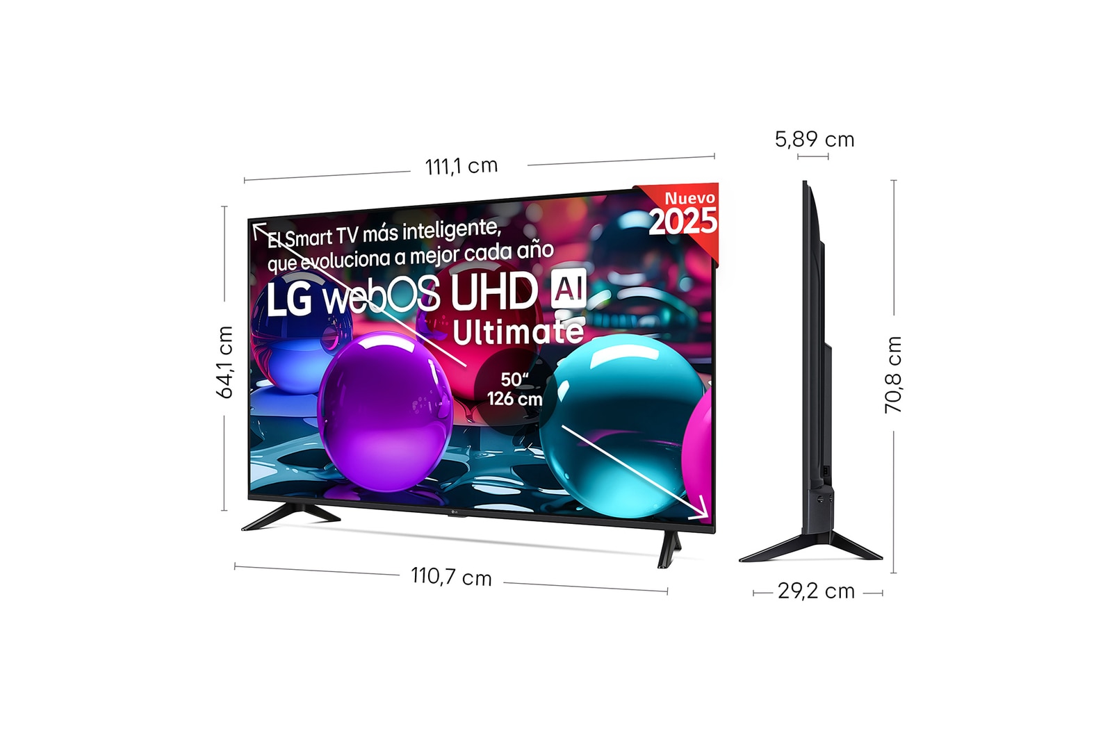 Vista lateral inclinada hacia la izquierda del televisor LG UHD UA73 TV.
