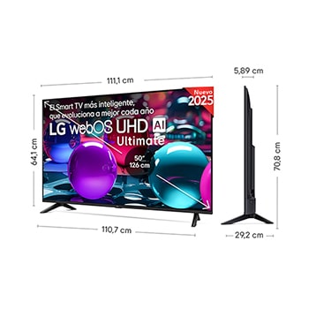 Vista lateral inclinada hacia la izquierda del televisor LG UHD UA73 TV.