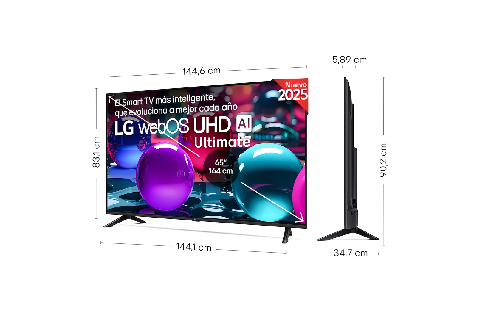 Vista lateral inclinada hacia la izquierda del televisor LG UHD UA73 TV.