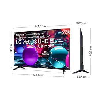 Vista lateral inclinada hacia la izquierda del televisor LG UHD UA73 TV.