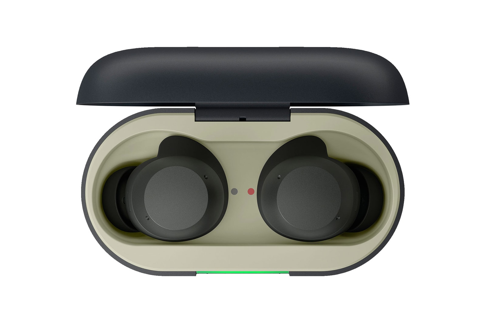 opened cradle top view with earbuds