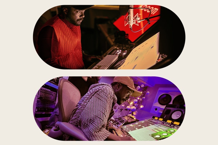 En la imagen superior, will.i.am trabaja en un estudio de grabación con un chaleco rojo mirando fijamente a una pantalla situada delante de él. En la imagen inferior, will.i.am también trabaja en un estudio mirando fijamente a una pantalla con ventanas verdes.	