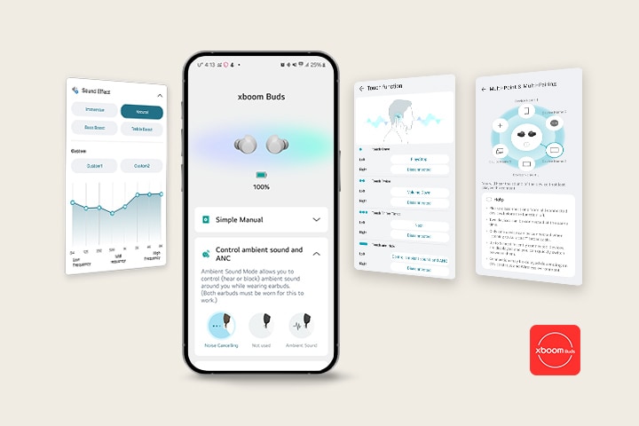 En un teléfono móvil se muestra la pantalla principal de la aplicación xboom Buds. A la izquierda aparece la interfaz de usuario de la función de ajuste de efectos de sonido de la misma aplicación, y a la derecha se muestran las interfaces de usuario de las funciones de control táctil y de "Encontrar mis auriculares".