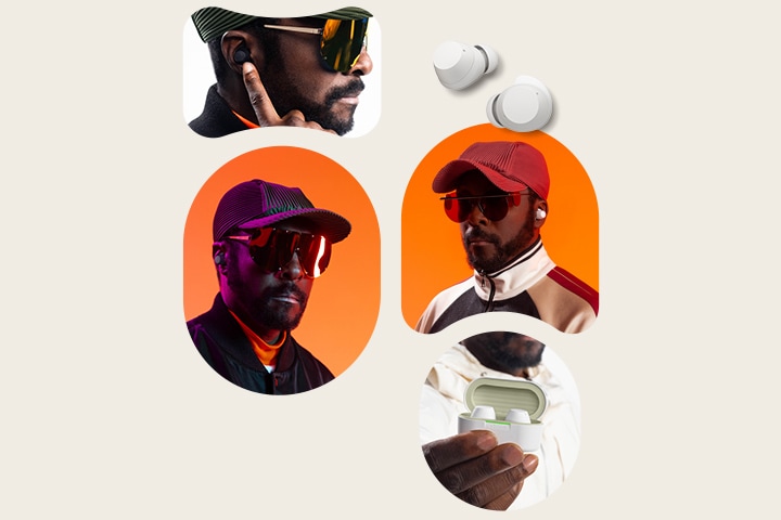 Arriba, a la izquierda, la cara posterior de Will.i.am mira hacia su lado izquierdo, lleva gafas de sol y se coloca los auriculares en la oreja con el dedo índice. En la parte superior derecha aparecen las imágenes de dos auriculares blancos. En el centro izquierda se sitúa la imagen de retrato de will.i.am mirando al frente, con auriculares, gorra y gafas de sol. En el centro-derecha aparece otra imagen de will.i.am también con auriculares, gorra y gafas de sol. Abajo, el soporte xboom Buds con los auriculares en su interior permanece en la mano de will.i.am.