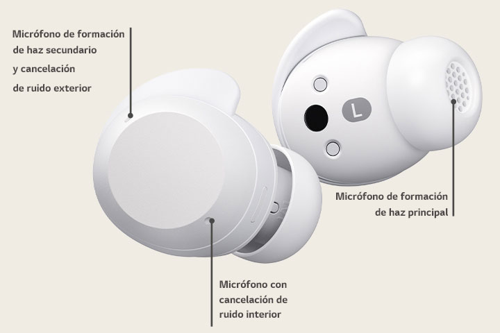 Un par de xboom Buds Plus blancos que ilustran los 3 micrófonos que tienen.