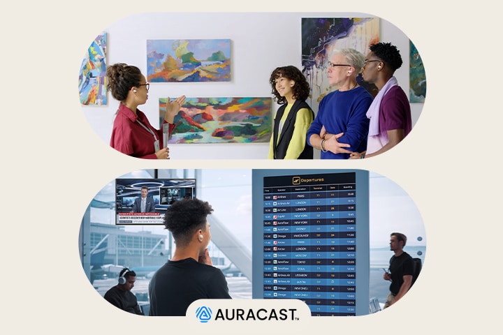 En la imagen superior, un guía turístico ofrece un recorrido a tres personas, todas usando los XBOOM Buds Plus. En la imagen inferior, en un aeropuerto, un hombre escucha la información de vuelos a través de sus XBOOM Buds Plus, disfrutando de un audio claro y personalizado.