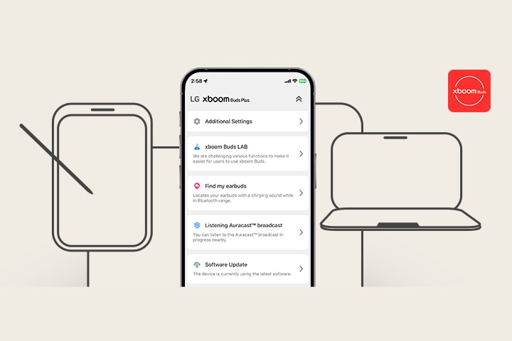 En el centro, un teléfono muestra los distintos menús de la app XBOOM Buds. A su lado, se ven dibujos de una tablet, un portátil y otros dispositivos, destacando la compatibilidad multiplataforma.