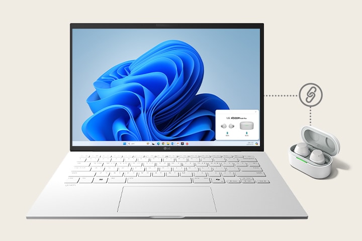 En el centro, un laptop blanco, LG gram, está encendido y muestra la pantalla de conexión de la app xboom Buds en la esquina inferior derecha. Junto al laptop, se encuentra un estuche blanco de xboom Buds con un par de auriculares dentro, y entre ambos, se dibuja un signo de "conectado".