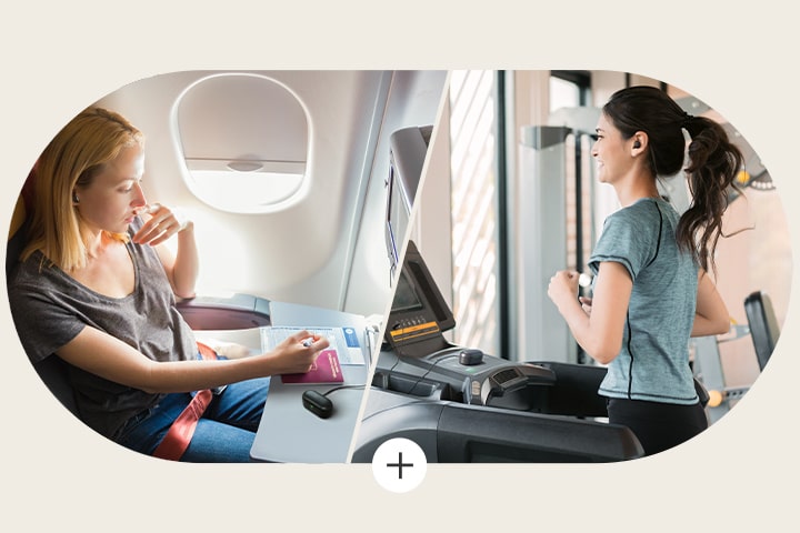 A la izquierda de la imagen dividida, una mujer está sentada en un asiento de avión con los xboom Buds Plus puestos. En la bandeja frente a ella, está el estuche de los xboom Buds Plus del mismo color, conectado con un cable. A la derecha, una mujer corre en una cinta caminadora usando los xboom Buds Plus. En el tablero de la cinta, también está colocado el estuche del mismo color, conectado por cable.