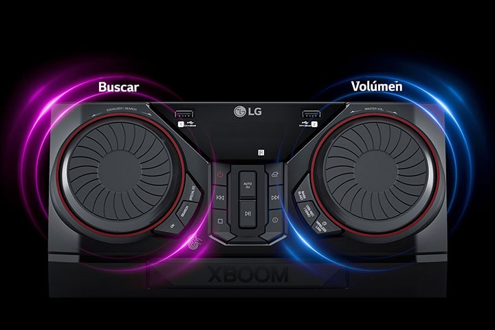 Vista superior del CK43N. Los gráficos de neón rosa y azul rodean las dos ruedas giratorias. La rueda izquierda permite buscar música y la derecha controla el volumen.
