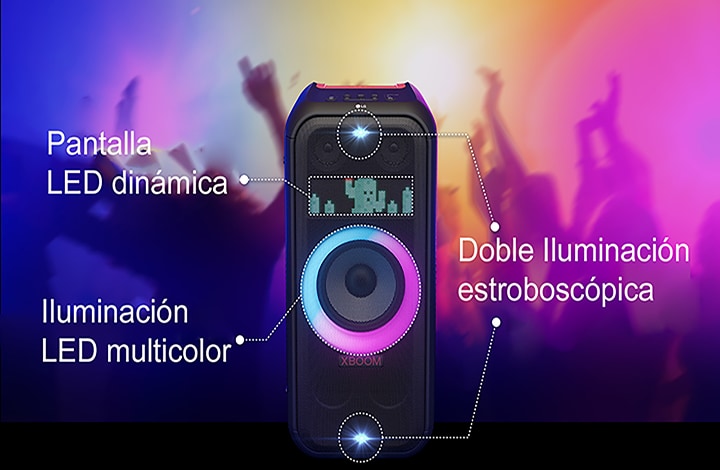 Vista frontal del altavoz. Hay una línea que indica cada parte de la iluminación. En la parte superior e inferior, iluminación estroboscópica doble. En el centro, la iluminación en anillo multicolor muestra un degradado rosa y cian. En la parte superior, la iluminación dinámica por píxeles muestra un personaje de cactus.