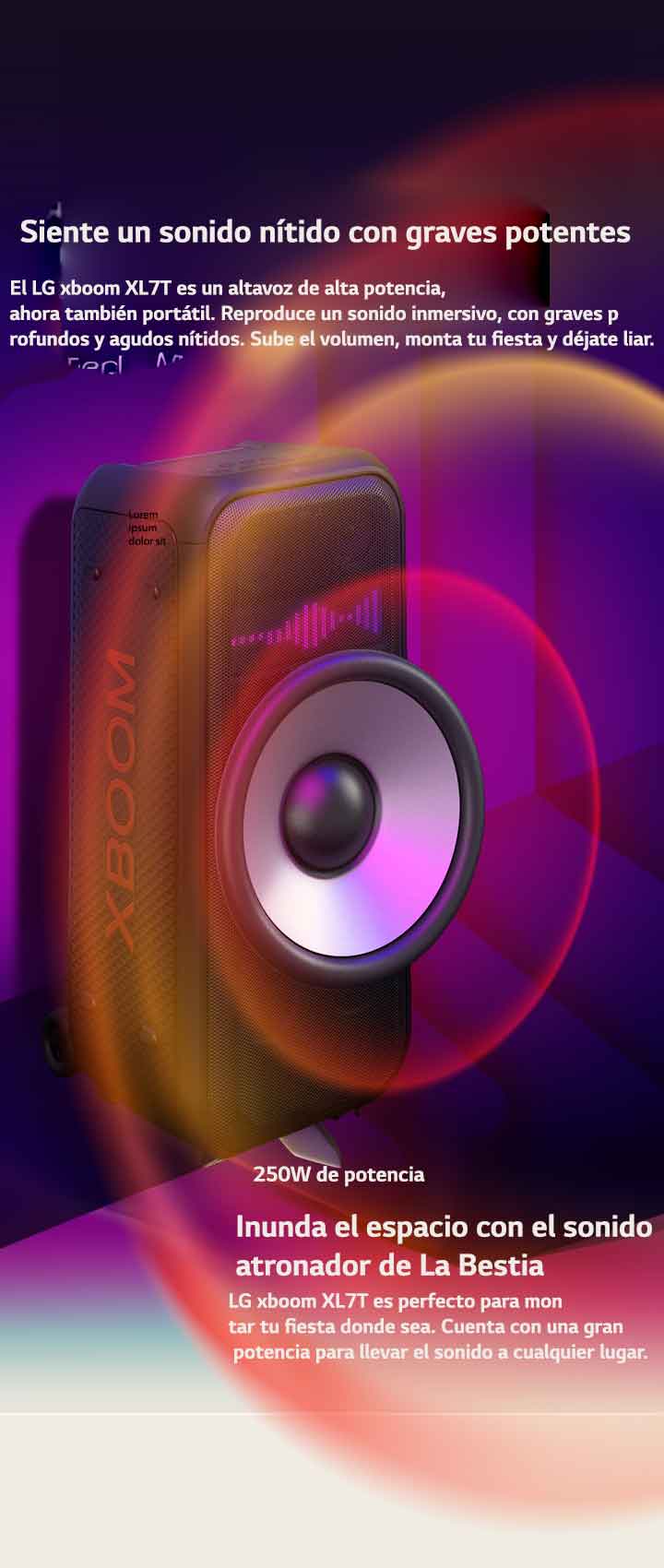 LG xboom XL7T está colocado en el espacio infinito. En la pared se muestran gráficos sonoros cuadrados. En el centro del altavoz, un woofer gigante de 8 pulgadas se agranda para enfatizar su gran potencia de 250W. Del woofer salen ondas sonoras. 