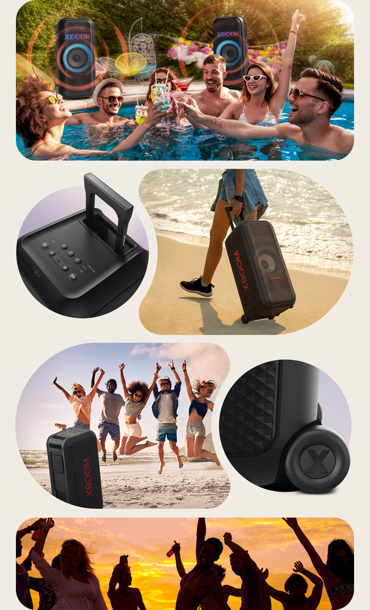 Imágenes ilustradas del LG XBOOM XL7T. En la parte superior, personas disfrutan de una fiesta en la piscina, con dos altavoces LG XBOOM XL7T y gráficos de sonido detrás de ellos. A la izquierda, se muestra una vista superior del altavoz y su asa telescópica, mientras que a la derecha, una mujer lo transporta fácilmente gracias a sus ruedas. La vista trasera del altavoz muestra a personas saltando en la playa, junto con un primer plano de la rueda. La imagen captura las siluetas de personas disfrutando del atardecer con música.
