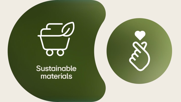 A la izquierda se muestra el icono de materiales sostenibles de LG con su nombre escrito abajo. A la derecha se muestra el icono de dedo-corazón ESG.